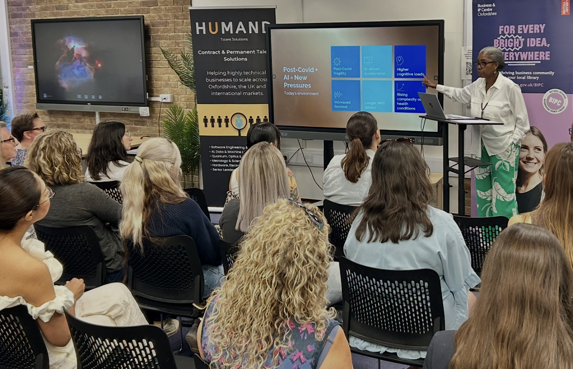 Angela Cullimore Todd presenting a slide on post-Covid and AI pressures, beside the Humand Talent Solutions banner